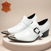 halpa Ensiluokkaiset nahkaiset loaferit-Miesten valkoiset kaksoishihnalliset nahkaiset juhlakengät metallisella kärjellä, 100% naudannahasta valmistetut juhlakengät häihin, lavaesityksiin ja juhliin