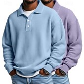 voordelige Klassieke polo voor heren-2 stuks heren wafel poloshirts golf shirt formeel zakelijk klassiek lange mouwen mode effen kleur 2 stuks multi-pack herfst lente &amp;herfst regular fit wit paars blauw wafel poloshirts