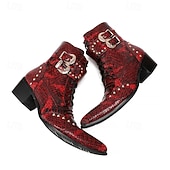 halpa Ensiluokkaiset nahkasaappaat-Miesten punaiset käärmekuvioiset nahkaiset nilkkurit, joissa on kaksinkertaiset solkiremmit ja niittiyksityiskohdat, 100% naudannahasta valmistetut länsimaiset saappaat konsertteihin ja esityksiin