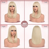 Недорогие Парик из искусственных волос без шапочки-основы-Парики из светлых волос боб с челкой, длиной до плеч, прямые, естественно выглядящие, синтетические, термостойкие, средние, для женщин, на каждый день, для вечеринок, 16 дюймов, платиновый блонд