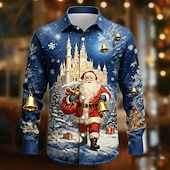 ieftine Tinuta de Mos Craciun-Crăciun Bărbați Mos Craciun Brad de Crăciun Fulg zăpadă Cămașă Camașă cu nasturi Manșon Lung Amuzant Cadouri de Crăciun Concediu Primăvară Toamnă Răsfrânt Imprimare 3D cămăși cu guler Albastru