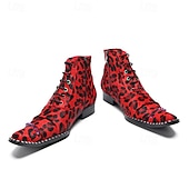 Miesten punaiset leopardikuvioiset nahkaiset nilkkurit, joissa nauhat ja terävä kärki, 100% naudannahkaa, muotisaappaat lavalle, klubeille ja trendikkäisiin asuihin. halpa Miesten joulukengät-Miesten punaiset leopardikuvioiset nahkaiset nilkkurit, joissa nauhat ja terävä kärki, 100% naudannahkaa, muotisaappaat lavalle, klubeille ja trendikkäisiin asuihin.