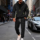 preiswerte Tute basic-Men's Tracksuit Outfit Set Hoodies Set Hoodie Outdoor Daily Sports Drawstring Zip Up Pocket Plain Black Navy Blue Brown Polyester Activewear Fashion Streetwear Fall