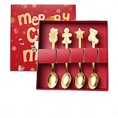 abordables Decoración de Mesa y Comedor-Cuchara navideña de acero inoxidable, juego de 4 piezas con diseño de árbol de Navidad, ideal para el hogar, café, cena, postres, helados y otras ocasiones especiales. Un regalo creativo para fiestas