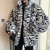 voordelige Herenjacks &amp; jassen-Voor heren Winterjack Jas van imitatiebont Vakantie Dagelijks Thermisch Warm Fleece Herfst Winter Luipaard Modieus Streetwear Opstaand Normaal Wit Geel Jacks