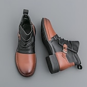 baratos Botas de trabalho-Botas masculinas de couro sintético bicolor, pretas e marrons, com tira de fivela lateral e design de gáspea dobrada, botas vintage feitas à mão para amantes da moda retrô