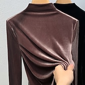 preiswerte Einfarbiges T-Shirt-Damen Samt Elegant Bluse Einfarbig Einfach Elegant Täglich Stilvoll Langarm Stehkragen Normale Oberteile Täglich Ferien Ausgehen Schwarz Wein Purpur Braun Herbst Winter