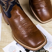 olcso Prémium bőrcsizma-férfi prémium bőr western cowboy csizma – klasszikus barna színű, bonyolult varrással, tökéletes western stílushoz, rodeókhoz és hétköznapi viselethez