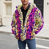 voordelige Herenjacks &amp; jassen-Voor heren Winterjack Jas van imitatiebont Dagelijks Vakantie Thermisch Warm Fleece Herfst Winter Luipaard Modieus Streetwear Capuchon Normaal Imitatiebont Geel Jacks