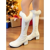  Γυναικείες μαύρες μπότες μέχρι το γόνατο με διακοσμητικά από ψεύτικη γούνα και μαργαριτάρι, ζεστές χειμωνιάτικες μπότες μόδας για τα Χριστούγεννα &ρούχα για κρύο καιρό