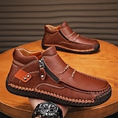 cheap Ankle Boots-Men's Brown Handmade Faux Leather Moccasin Shoes with Side Zipper and Non-Slip Sole, Comfortable Casual Loafers for Outdoor and Driving