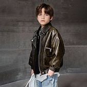 cheap Jongens Leren Jassen-Kid's Boys' Black Leather Jacket Jacket Outerwear Plain Long Sleeve Zip Up Waterproof Windproof Coat Daily Fashion Casual Black Green Spring Fall 4-12 Years