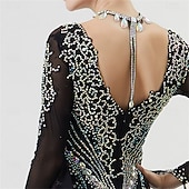 cheap Competition Wear-Women's Ballroom Dance Dress Rhinestone Mesh Long Sleeve Waltz Tango Competition Performance Gown with Layered Gold Hem – Black Gold