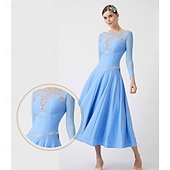cheap Competition Wear-Women's Ballroom Dance Dress Long Sleeve Mesh Lace Waltz Tango Competition Performance Practice Gown Elegant Flowing Skirt – Light Blue