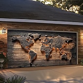 baratos Capas para portas de garagem-Capa de porta de garagem realista de madeira com design de mapa-múndi grande, cenário suspenso, painel decorativo educacional 3D para festas de fim de ano ao ar livre, decoração de quintal e casa