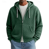 baratos hoodies básicos dos homens-Homens Moletom Full Zip Hoodie Moletons Waffle Adamascado Branco Vermelho Azul Marinha Verde Escuro Com Capuz Tecido Zíper Textura Desportos e Ar livre Casual Diário Roupa de rua Legal Roupa de
