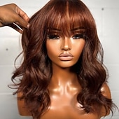 cheap Human Hair Lace Front Wigs-Remy Human Hair 5x5 Closure 13x4 Lace Front Wig Neat Bang With Bangs Brazilian Hair Body Wave Brown Wig 150% 180% Density with Baby Hair 100% Virgin Glueless Pre-Plucked For Women Long Human Hair