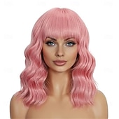 economico Parrucche trendy sintetiche-parrucche viola scuro con frangia per donne parrucche bob corte e ondulate da 14 pollici, parrucca bob sintetica, parrucca riccia resistente al calore, parrucca ondulata colorata, parrucche cosplay