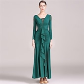 preiswerte Standard-Tanzsaal-grünes Gesellschaftstanzkleid mit langen Ärmeln, gerüschten Details und Rüschenrock für eleganten Latein &amp;Ballsaalaufführung