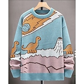 billige genser for menn-Herre Pullover genser Strikket genser Riflet Strikke Vanlige topper Strikket Dinosaur Crew-hals Mote Grunnleggende Feriereise Dagligdagstøy Klær Høst Vinter Lyseblå S M L