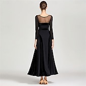 economico Sala da Ballo Standard-abito da ballo da sala con maniche trasparenti per donna - abito a trapezio con maniche lunghe e dettagli in velluto per competizioni, eventi di ballo latino e danza - nero