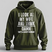 abordables Sweats 3D homme-Sweat à capuche drôle pour mari. Je regarde ma femme et je pense « putain, c&#039;est une femme chanceuse ». Sweat à capuche humoristique pour homme marié.