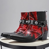 olcso Férfi karácsonyi cipők-Férfi piros és fekete lángmintás bőr bokacsizma láncpánttal és fém részletekkel, 100% marhabőr western csizma rockkoncertekre és bulikra