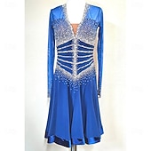 cheap Competition Dress-Women's Ballroom Dance Dress Royal Blue Crystal Rhinestone Long Sleeve Waltz Foxtrot Quickstep Competition Performance Gown