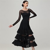 cheap Competition Wear-Women's Ballroom Dance Dress Layered Ruffle Mesh Long Sleeve Elegant Tango Waltz Foxtrot Competition Performance Gown – Black