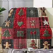 cheap Christmas Bedding-Vintage Plaid Christmas Digital Print Blanket with Gingerbread, Bow, Christmas Tree &amp; Floral Patterns, Cozy Flannel Throw