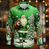 ieftine Tinuta de Mos Craciun-Crăciun Bărbați Mos Craciun Brad de Crăciun Fulg zăpadă Cămașă Camașă cu nasturi Manșon Lung Amuzant Cadouri de Crăciun Concediu Primăvară Toamnă Răsfrânt Imprimare 3D cămăși cu guler Albastru