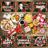 baratos Placemats &amp; Coasters &amp; Trivets-6 peças de floco de neve vermelho de natal &amp;Jogo americano de boneco de neve de árvore de Natal resistente ao calor, jogos americanos quadrados de linho para decoração de mesa de sala de jantar,