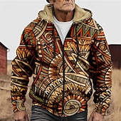 cheap Geometric Pattern-Men's Graphic Hoodie Jacket Fashion Ethnic Casual Long Sleeve Hooded Outdoor Sports Outdoor Going out Light Brown Dark orange Red Orange Brown Pocket Print Fleece Winter Designer S M L XL 2XL 3XL