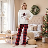 Недорогие детская рождественская пижама-Семейный вид Новогодняя тематика Рождественская семейная пижама Пижамы Семейные наборы Графика В клетку Новогодняя ёлка Дом С принтом Красный Длинный рукав Повседневные Подходящие наряды