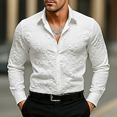 baratos Camisas casuais inteligentes masculinas-Homens Camisa Social Camisa casual camisa de botão Preto Branco Manga Longa Floral Tecido Lapela Férias Casual Jacquard Roupa Moda Chique &amp; Moderno Casual Informal mas elegante