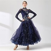 levne Soutěžní oděv-Dámské šaty na společenský tanec s kamínky, hvězdnou výšivkou, vrstvená organza, elegantní, na valčík, tango, foxtrot – tmavě modré
