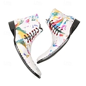 abordables Botas de cuero de primera calidad-Botines de piel con efecto salpicado de pintura blanca para hombre, con cordones en la parte delantera y punta puntiaguda, botas artísticas de piel de vaca de moda para escenarios, clubes y fiestas.