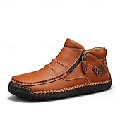 cheap Ankle Boots-Men's Brown Handmade Faux Leather Moccasin Shoes with Side Zipper and Non-Slip Sole, Comfortable Casual Loafers for Outdoor and Driving