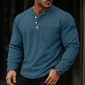 Недорогие Повседневная футболка Хенли-SoftFade™ Мужская футболка Henley длинный рукав Henley весна осень винтаж ретро винтажная повседневная винтажного стиля выцветшая стиранная повседневная голубой черный темно-синий топ футболка для