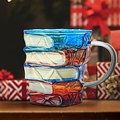 abordables Tazas-Taza con forma de libro pintado, original taza de café con libros pintados en 3D, regalo navideño, taza de café única de cristal con forma de libros apilados, regalo ideal para coleccionistas, lectores, bibliotecarios y amantes de la literatura.