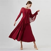 economico Abbigliamento da Competizione-abito da ballo da sala da donna in chiffon drappeggiato, manica lunga, elegante abito da competizione per valzer, tango, foxtrot – rosso vino