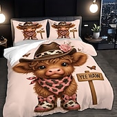baratos Conjuntos de capa de edredão-Conjunto de capa de edredom de 3 peças com estampa de vaca das terras altas e flores fofas para cama grande, capa de edredom curta e macia com 2 fronhas – roupa de cama para quarto de hotel,