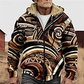 cheap Geometric Pattern-Men's Graphic Hoodie Jacket Fashion Ethnic Casual Long Sleeve Hooded Outdoor Sports Outdoor Going out Light Brown Dark orange Red Orange Brown Pocket Print Fleece Winter Designer S M L XL 2XL 3XL