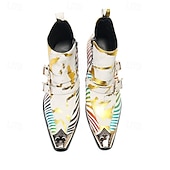 halpa Ensiluokkaiset nahkasaappaat-Miesten valkoiset abstraktin raidalliset nahkaiset cowboy-saappaat vetoketjulla ja metallisella kärjellä, 100% naudannahasta valmistetut taiteelliset nilkkurit lavalle ja tapahtumiin