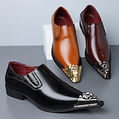 billige Loafers-Brune slip-on pensko i kunstskinn med metalltåhette til herre, elegante fest- og forretningssko