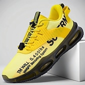 abordables Chaussures de Course pour Hommes-Baskets jaunes de style urbain pour hommes avec semelle à coussin d'air et tige en mesh, chaussures de sport légères et tendance pour la course, la salle de sport et les vêtements décontractés
