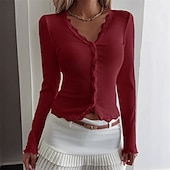 abordables Camiseta lisa-Mujer Blusa Tops elegantes Tops de encaje Tops ajustados Frunce Sayo Ribete de encaje Plano Elegante Vintage damas Manga Larga Escote en Pico Tops regulares Diario Trabajo Festivos Negro Blanco Vino