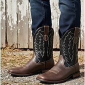 billiga Cowboy &amp; Western Boots-herr western cowboystövlar med fyrkantig tå slip-on halvhög vad ridstövlar avslappnade lantliga skor för dagligt bruk