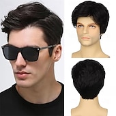 cheap Mens Wigs-Men's Black Wigs Short Wigs Natural Looking Heat Resistant Synthetic Hair with Adjustable Cap Black 180g