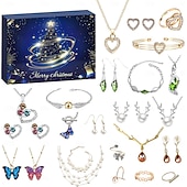 tanie Kalendarz adwentowy-Kalendarz adwentowy z biżuterią 2025, kalendarz świąteczny 2025 dla kobiet z kolczykami, naszyjnikiem, pierścionkami i bransoletką, srebro i złoto, 25-dniowy kalendarz adwentowy z biżuterią dla kobiet